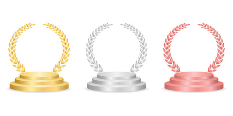 Stage Podium with Gold, Silver and Bronze Laurel Wreath. Winner Podium. Champion and Winning or Celebration Concept. Vector Illustration.