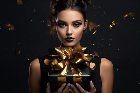 Beautiful model with black lips and painted face mask holding present box with bow on dark background with golden sparks. Black friday and sales theme. Holidays concept