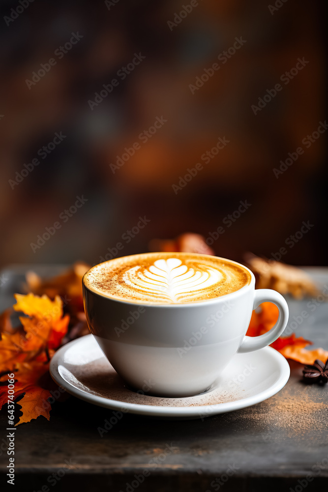 Aufkleber close-up of a steaming cup of pumpkin spice latte on a rustic wooden table background with empty spa