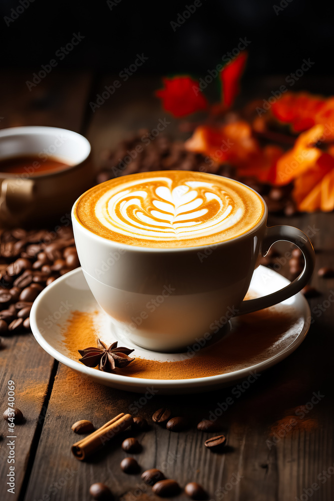 Aufkleber close-up of a steaming cup of pumpkin spice latte on a rustic wooden table background with empty spa