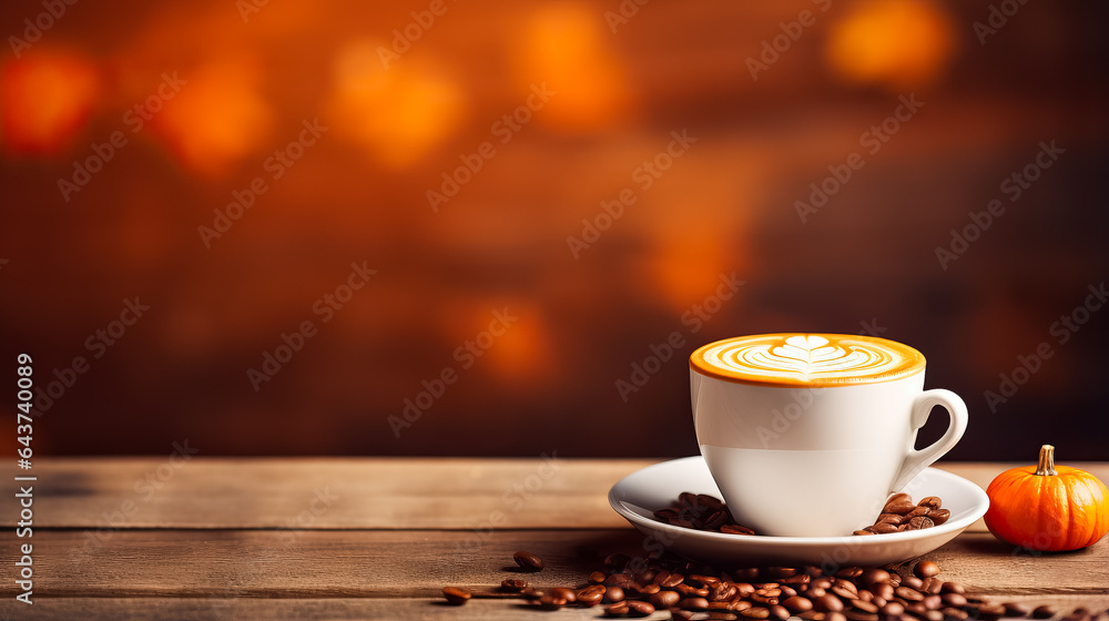 Aufkleber close-up of a steaming cup of pumpkin spice latte on a rustic wooden table background with empty spa