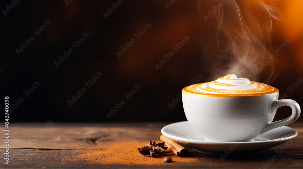 Aufkleber close-up of a steaming cup of pumpkin spice latte on a rustic wooden table background with empty spa