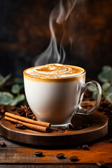 Close-up of a steaming cup of pumpkin spice latte on a rustic wooden table background with empty space for text 