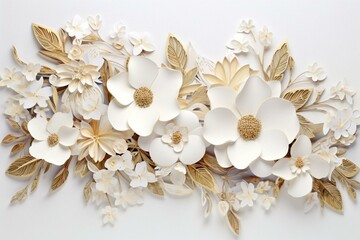 Stylish floral card adorned with delicate white flowers and intricate gold accents. Generative AI