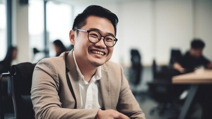Obraz premium Happy Asian man shares workspace with colleagues. Generative AI