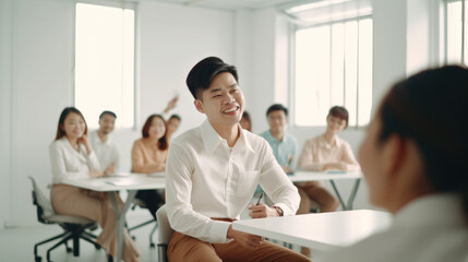 Man in wheelchair working happily with coworkers. Generative AI