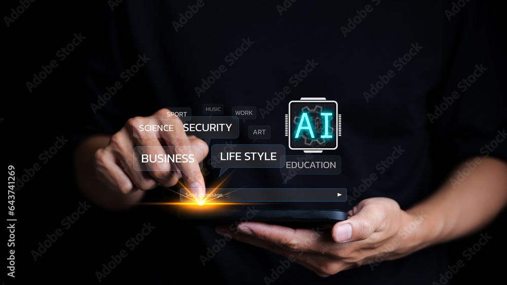 Poster artificial intelligence concept. man use ai to help work or use ai in everyday life at home. ai lear