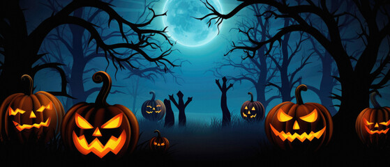 Halloween spooky background, scary jack o lantern pumpkins in creepy dark forest with bats, spooky trees, moon and old house Happy Haloween ghosts horror gothic mysterious night moonlight backdrop.