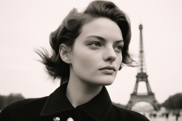 Close-up portrait photography of a glad girl in his 30s wearing a sparkling brooch against the eiffel tower. With generative AI technology