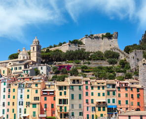 Beautiful medieval fisherman town of Portovenere (UNESCO Heritage Site) view from sea (near Cinque...