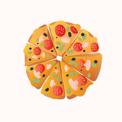 Pizza with tomatoes, mushrooms, olives and herbs on a white backgraund 
