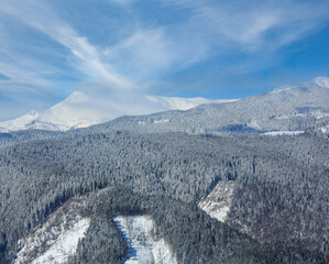 Picturesque winter mountain view from Skupova mountain slope, Ukraine, view to Chornohora ridge and...