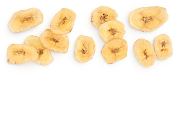 Dried banana chips isolated on white background with full depth of field. Top view with copy space for your text. Flat lay