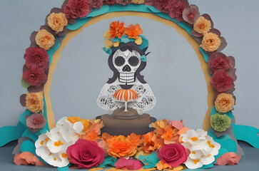 day of the dead colorful altar paper art style ai generated backrground