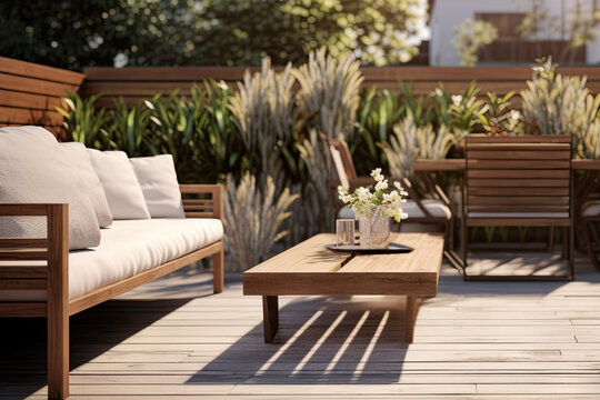 Modern Terrace With Wood Deck Flooring And Fence, Green Potted Flowers Plants And Outdoors Furniture. Beautiful Cozy Relaxing Area At Home. Sunny Stylish Balcony Terrace In The City