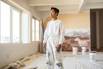 Portrait of asian house painter male in renovation room. Decoration and improvement living or office interior