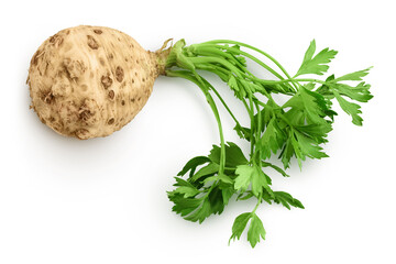 Fresh celery root with leaf isolated on white background. Top view. Flat lay - obrazy, fototapety, plakaty