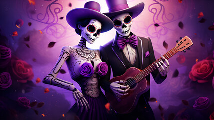 3d illustration of a couple in love with roses and a guitar, Mexican Day of the Dead, skull 1