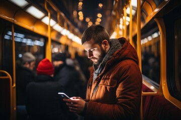 Fototapeta na wymiar Man using mobile phone in the metro. He is commuting to work. Created with AI