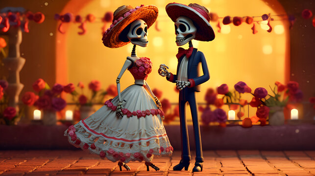 3D illustration of a couple in love with flowers in Mexican Day of the Dead, skull 2