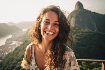 Foto auf Acrylglas Close-up portrait photography of a grinning girl in his 30s wearing a trendy off-shoulder blouse near the christ the redeemer in rio de janeiro brazil. With generative AI technology © Markus Schröder
