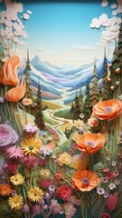 Fototapeta premium Spring Mountain Wildflowers Paper Cut Phone Wallpaper Background Illustration