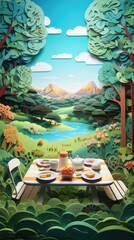 Picnic in the Park Paper Cut Phone Wallpaper Background Illustration