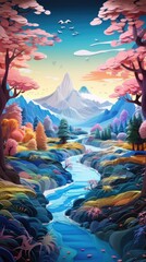 Obraz premium Fish in Lake in the Woods Paper Cut Phone Wallpaper Background Illustration