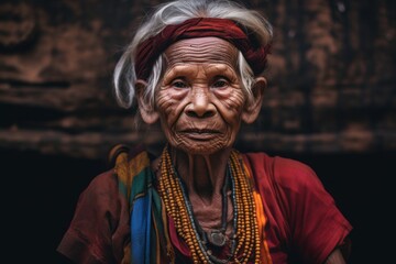 Naklejka premium Environmental portrait photography of a tender old woman wearing a dramatic choker necklace at the angkor wat in siem reap cambodia. With generative AI technology