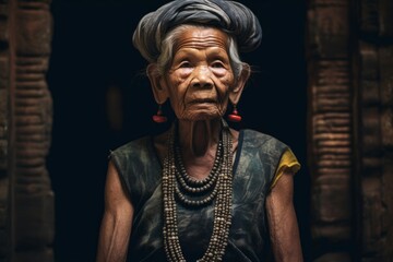 Naklejka premium Environmental portrait photography of a tender old woman wearing a dramatic choker necklace at the angkor wat in siem reap cambodia. With generative AI technology