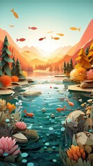 Fish in Lake in the Woods Paper Cut Phone Wallpaper Background Illustration