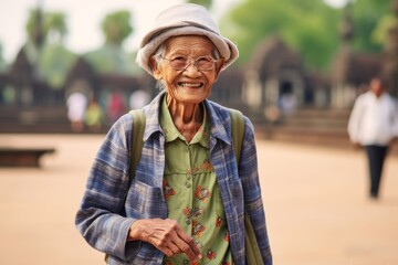 Fototapeta premium Medium shot portrait photography of a happy old woman wearing a trendy bomber jacket at the angkor wat in siem reap cambodia. With generative AI technology