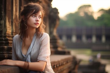 Fototapeta premium Photography in the style of pensive portraiture of a glad girl in his 30s wearing a trendy off-shoulder blouse at the angkor wat in siem reap cambodia. With generative AI technology