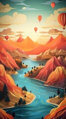 Fototapeta na wymiar Hot Air Balloons at Sunrise Paper Cut Phone Wallpaper Background Illustration
