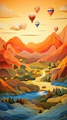 Fototapeta na wymiar Hot Air Balloons at Sunrise Paper Cut Phone Wallpaper Background Illustration