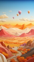 Hot Air Balloons at Sunrise Paper Cut Phone Wallpaper Background Illustration