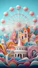 Ferris Wheel Carnival Paper Cut Phone Wallpaper Background Illustration