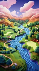 Obraz na płótnie Canvas Golf Course Landscape Paper Cut Phone Wallpaper Background Illustration
