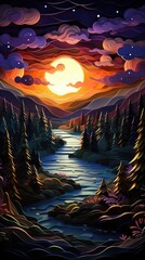 Obraz premium Camping in the Woods Sunset Paper Cut Phone Wallpaper Background Illustration