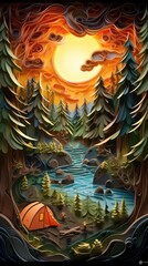 Fototapeta premium Camping in the Woods Sunset Paper Cut Phone Wallpaper Background Illustration