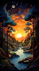 Flowing River at Sunset Paper Cut Phone Wallpaper Background Illustration