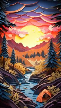 Camping in the Woods Sunset Paper Cut Phone Wallpaper Background Illustration © DigitalFury