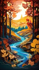 Forest Stream in the Authm Fall Woods Forest Paper Cut Phone Wallpaper Background Illustration