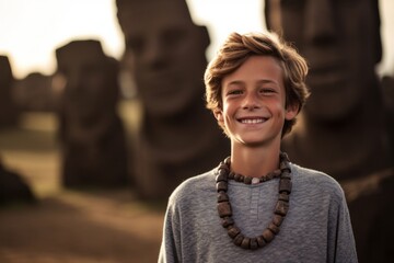 Lifestyle portrait photography of a grinning boy in his 30s wearing a bold statement necklace at the moai statues of easter island chile. With generative AI technology