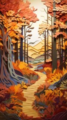 Forest Stream in the Authm Fall Woods Forest Paper Cut Phone Wallpaper Background Illustration