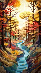 Forest Stream in the Authm Fall Woods Forest Paper Cut Phone Wallpaper Background Illustration