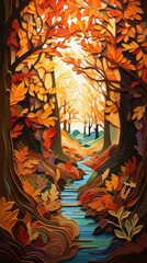 Forest Stream in the Authm Fall Woods Forest Paper Cut Phone Wallpaper Background Illustration