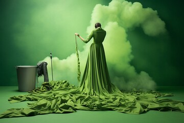 Depiction of fashion companies misleading consumers with false eco claims through greenwashing; illustration shows clothes being painted green with a green wash paintbrush. Generative AI - obrazy, fototapety, plakaty