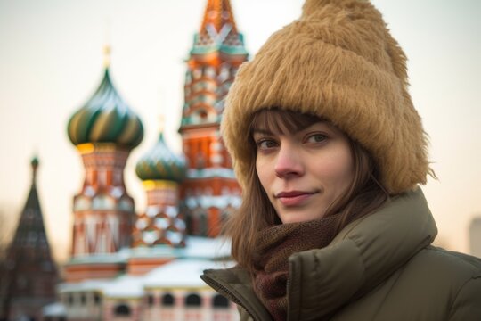 Environmental portrait photography of a glad girl in her 30s wearing a warm trapper hat in front of the saint basils cathedral in moscow russia. With generative AI technology