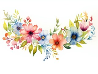 Colorful watercolor flowers blooming on a white background. Vibrant, aromatic bunch of multi-colored flowers on a white background.